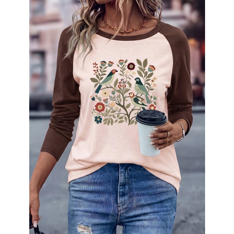 European and American women's round neck raglan long-sleeved T-shirt with flower and bird pattern printing