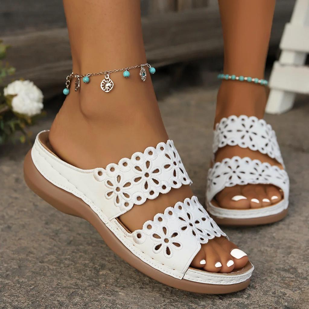 Women's Summer Sandals, Floral Cut-Out Design, Artificial Leather Slides, Casual Comfort Footwear, Non-Slip Sole