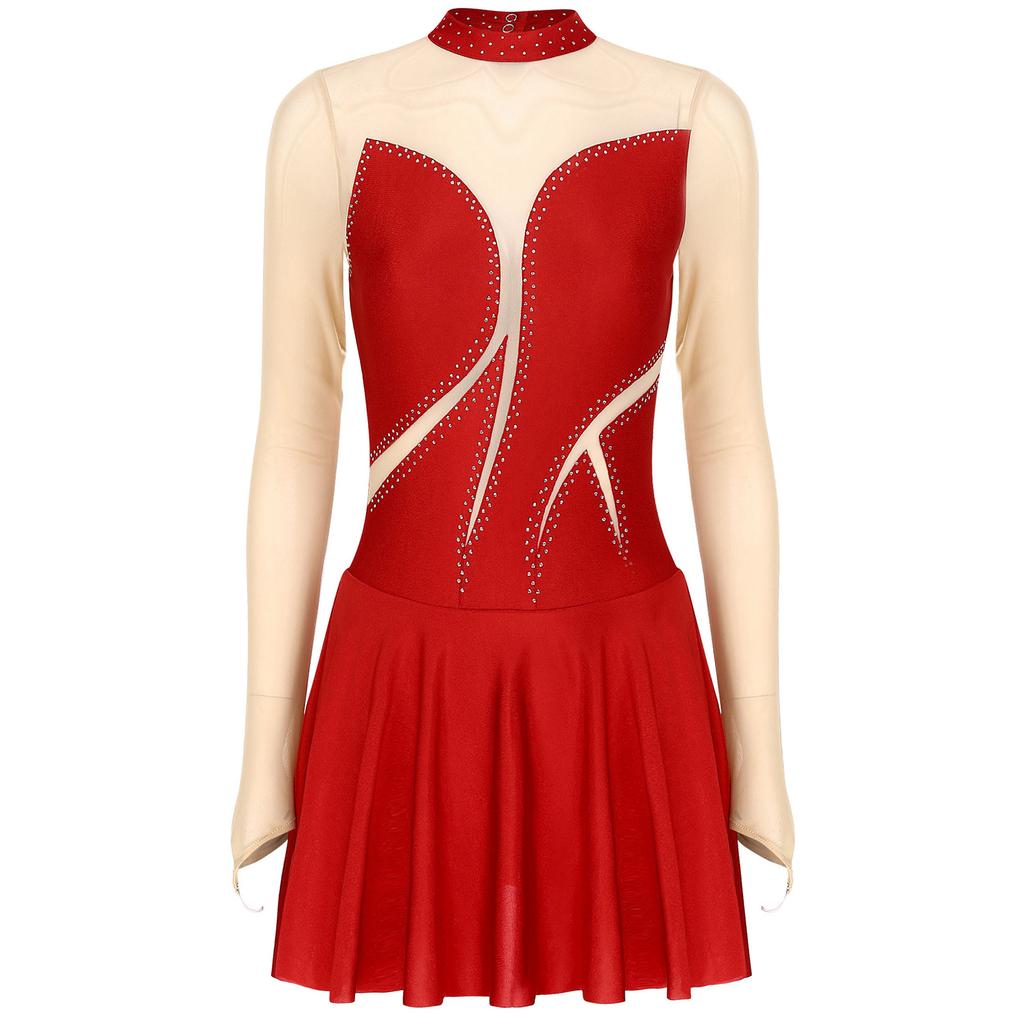 Womens Sparkly Lyrical Dance Costume Featuring Sheer Mesh Patchwork Long Sleeve Mock Neck Bodysuit with Rhinestone Details for Performances