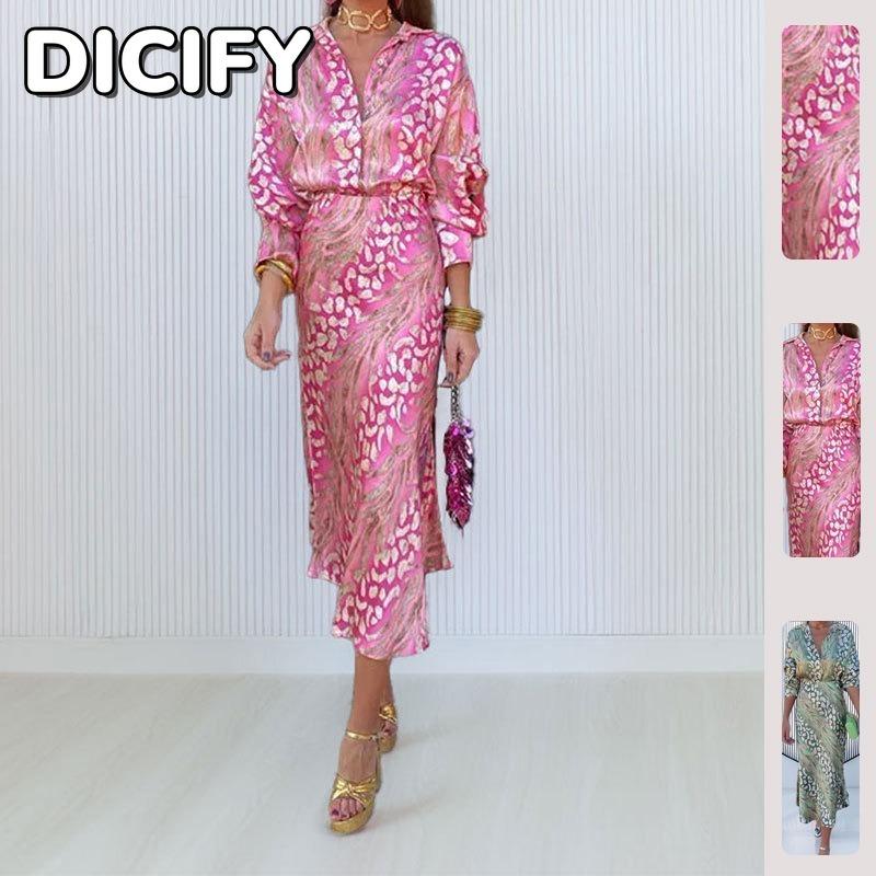 DICFY Women's Fashion Summer Spring Long Sleeve POLO Neck Casual Dresses
