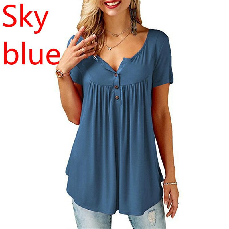 Womens O Neck Button Loose Elastic Tops Ladies Short Sleeve Tunic Shirts Female Casual Blouses