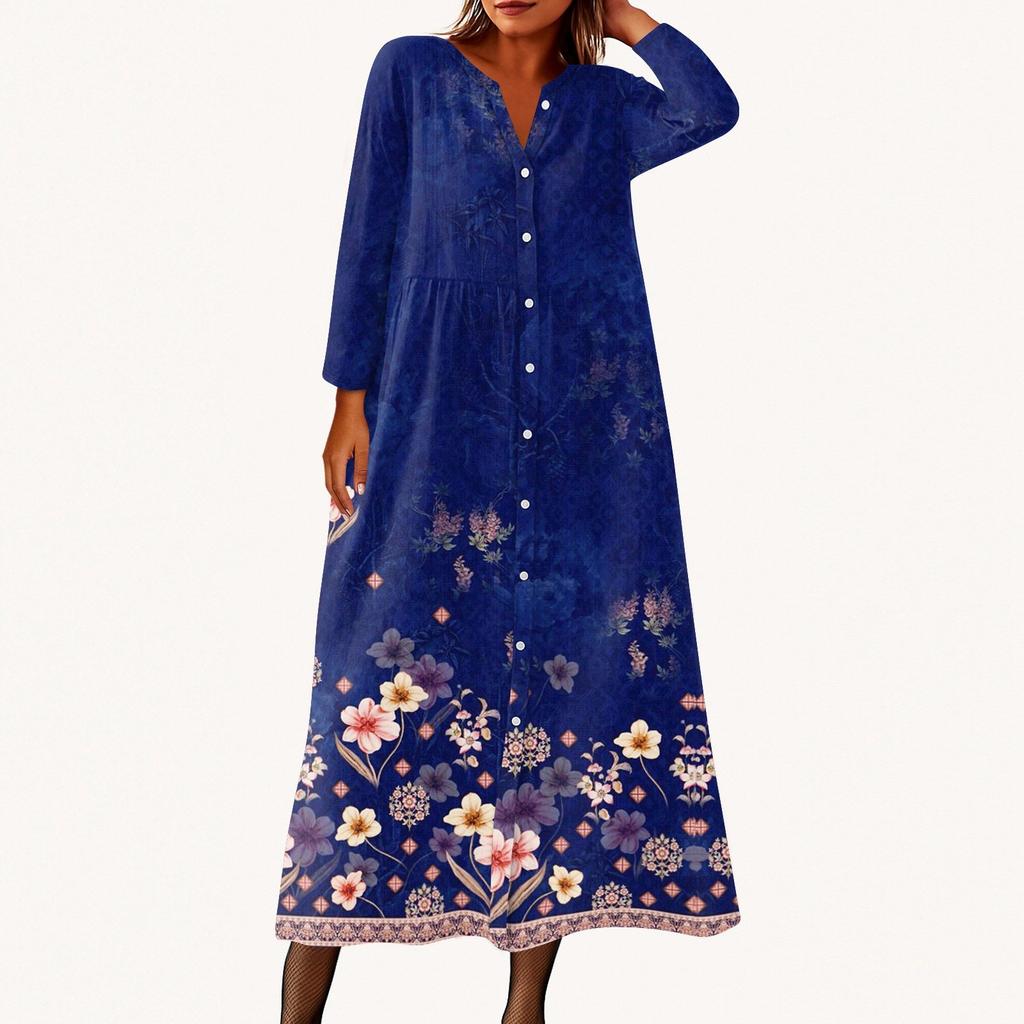 Женское модное платье-рубашка свободного кроя с принтом, круглым вырезом и рукавами семь четвертей на пуговицах