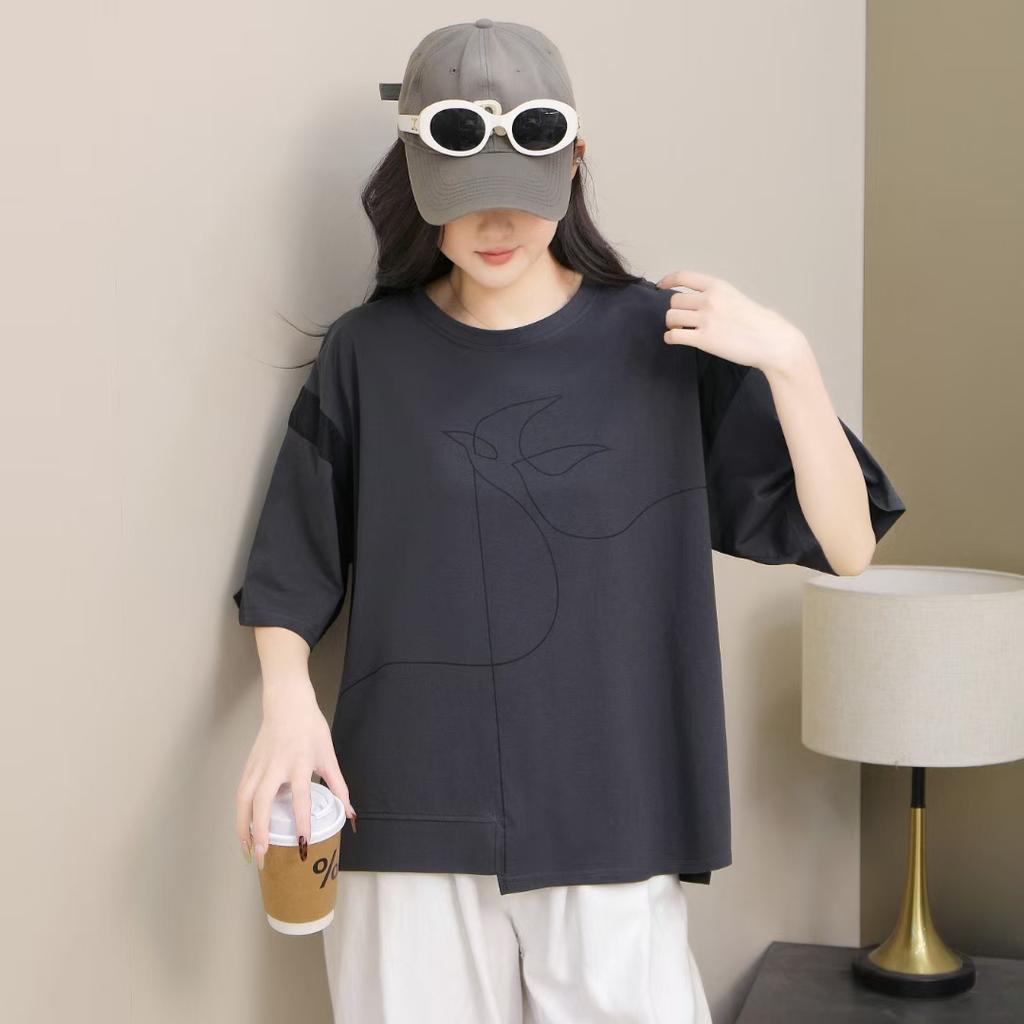 Dimanaf 2025 Летняя хлопковая футболка женская с принтом асимметричная с коротким рукавом свободная