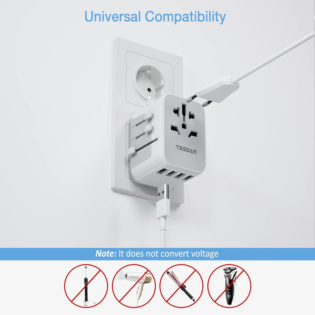Tessan Универсальный дорожный адаптер. Дорожная розетка-адаптер по всему миру с 3 USB и 1 USB C для Великобритании/ЕС/Австралии/США.