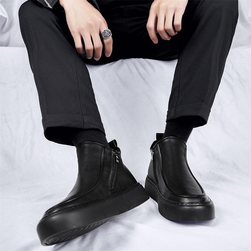 Men's Black Boots Versatile Casual Leather Boots Zipper PU Flat Bottom Casual Walking Shoes Waterproof Men One Foot Shoes