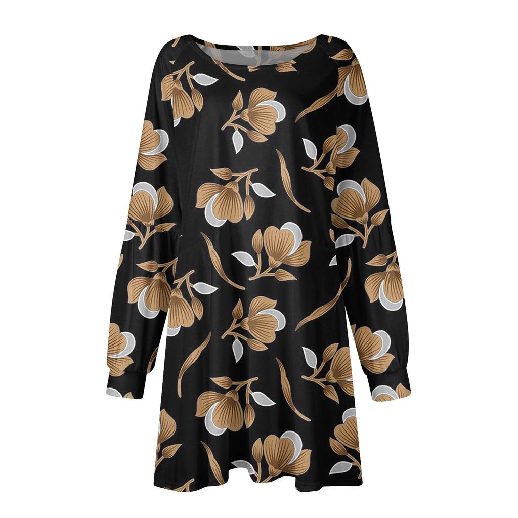 Fashion Womens Long Sleeve A Line Dress Fall Casual Pullover Crewneck Loose Fit Dress With Pockets