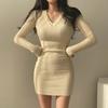 Women Autumn Ribbed Knitted Dress V-Neck Long Sleeved Slim Sweater A-line Dresses For Women Bodycon Party Vestido 2023