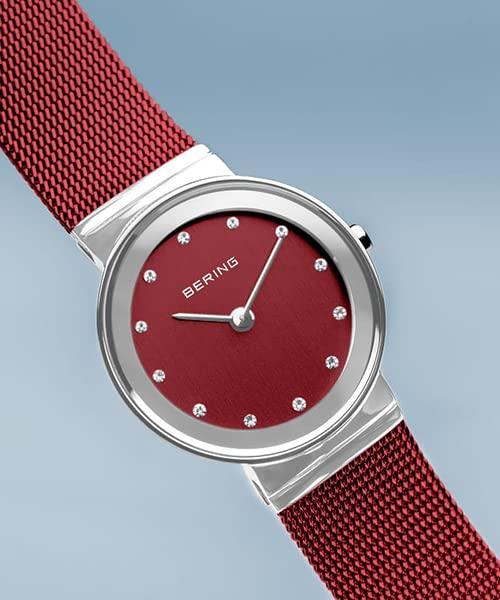 Часы BERING Analog Quartz Classic Collection с ремешком из нержавеющей стали, сапфировым стеклом, красным сетчатым ремнем x серебром, подлинный импортный продукт, внутренняя гарантия 3 года