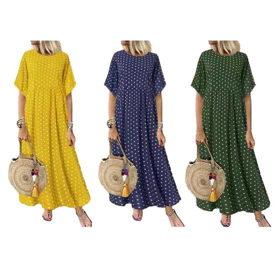 Женское макси-платье с принтом в горошек, летнее, с коротким рукавом, круглым вырезом, длинное платье, повседневное, плиссированное, свободное, пляжное, сарафан