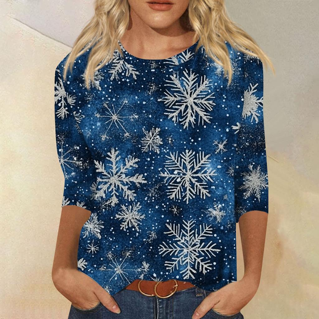 Women's Fashion Casual Seven Sleeve Christmas Printed Round Neck Top
