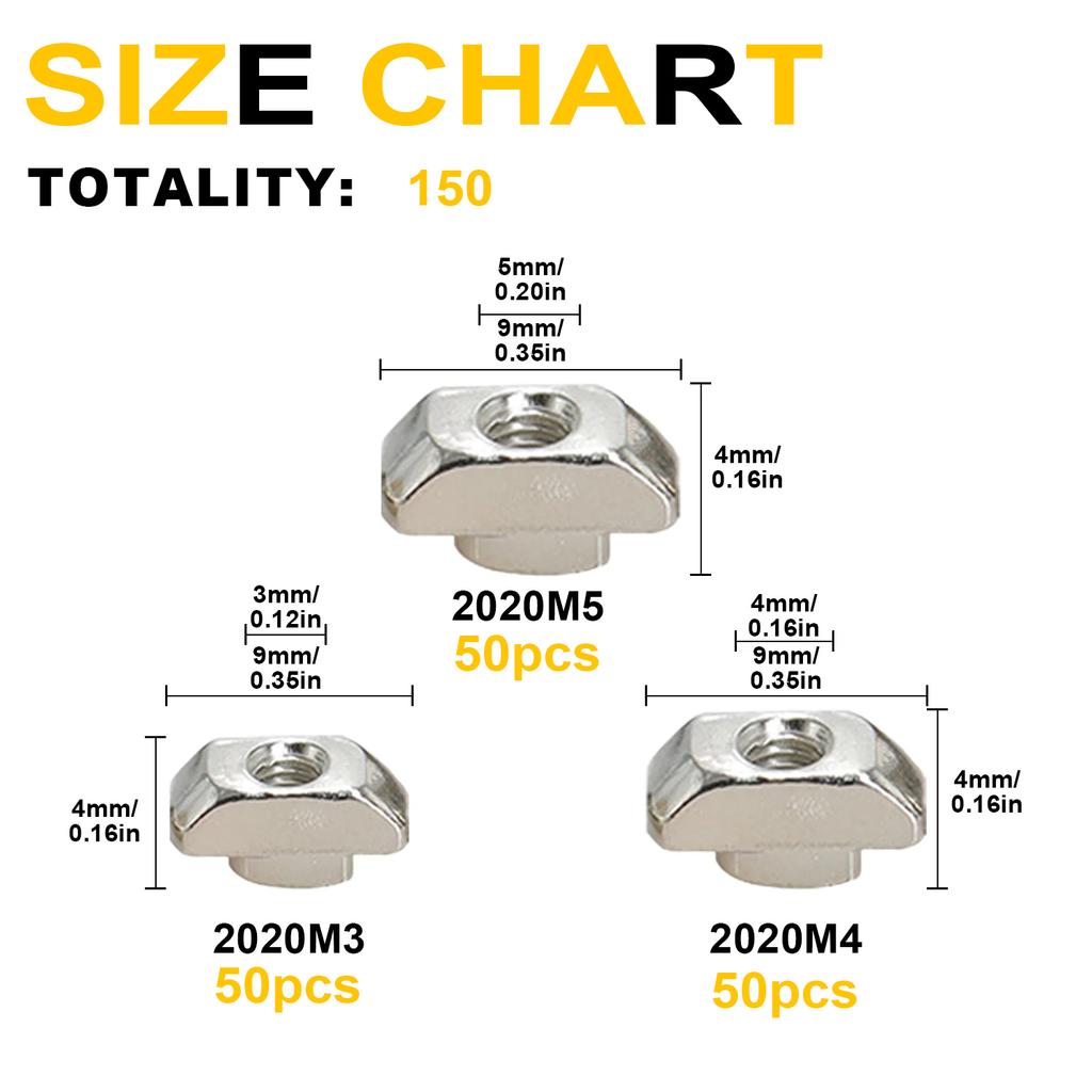 150 штук Т-образных гаек серии 2020, 3 типа (М3/М4/М5) пазовые гайки, молотковые крепежи, набор для сортировки гаек для алюминиевого профиля, серия 20