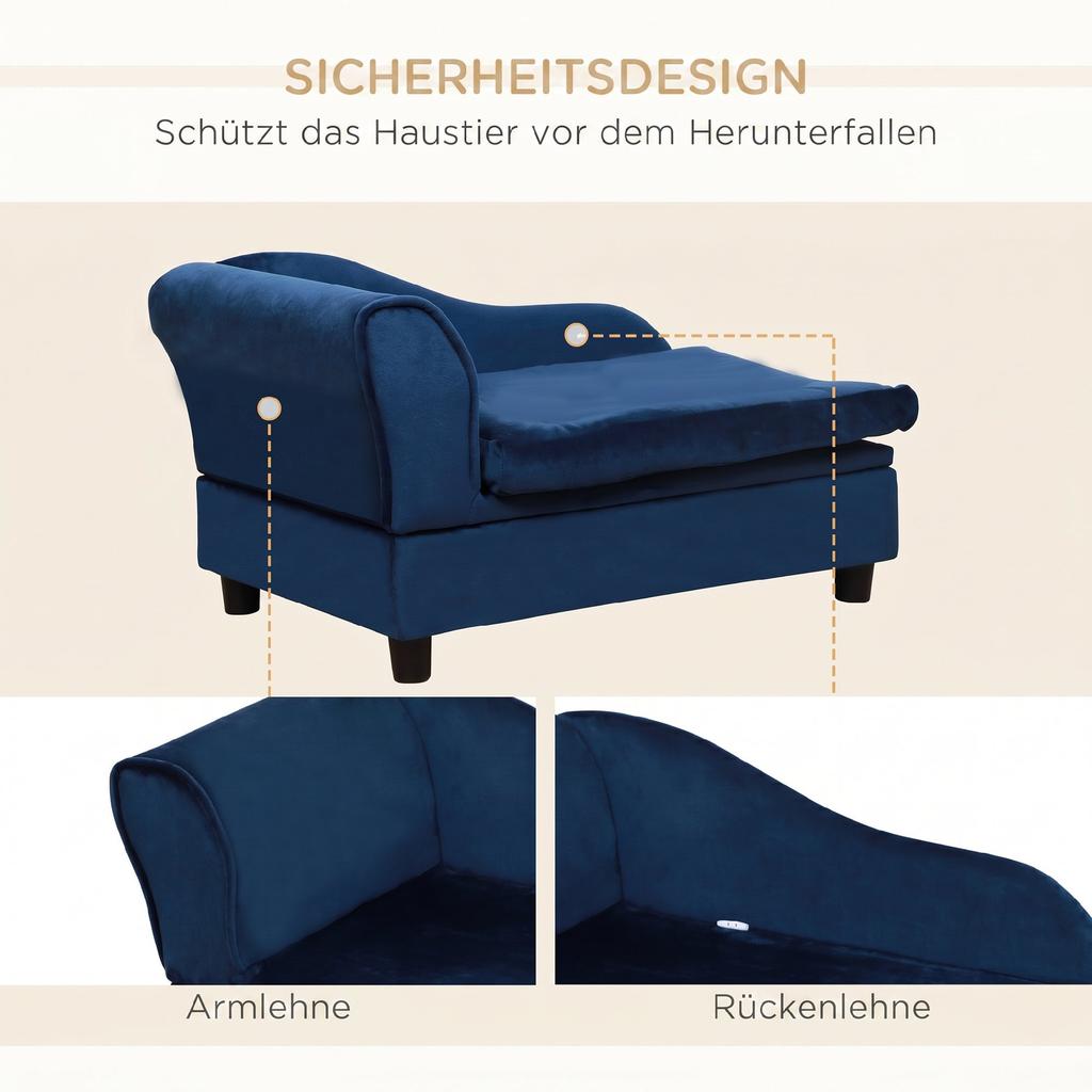 Pet Sofa with Storage Space, Soft Cushion, up to 15 kg Load Capacity, Plush Cover, Hardwood Frame, Blue
