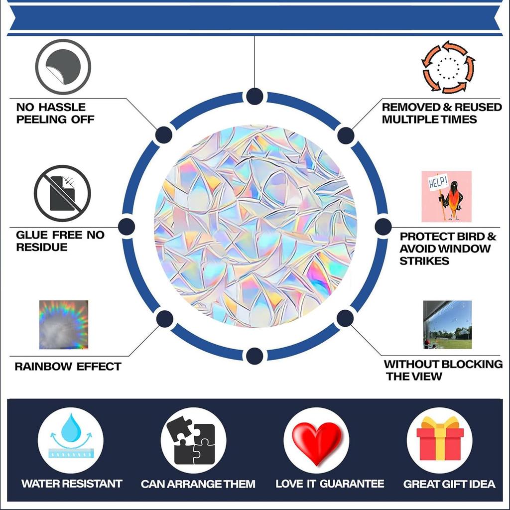 22 Piece Circle & Sun Star Window Clings - Anti-Collision Decals to Save Birds, Non-Adhesive Prismatic Clings, Rainbow Stickers