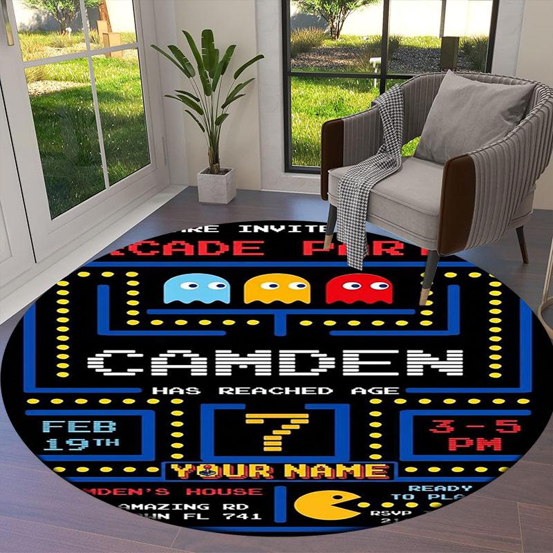 Pac-Man Custom Name Round Area Rug,Carpet Rug for Living Room Bedroom Sofa Playroom Decor,Non-slip Floor Mat