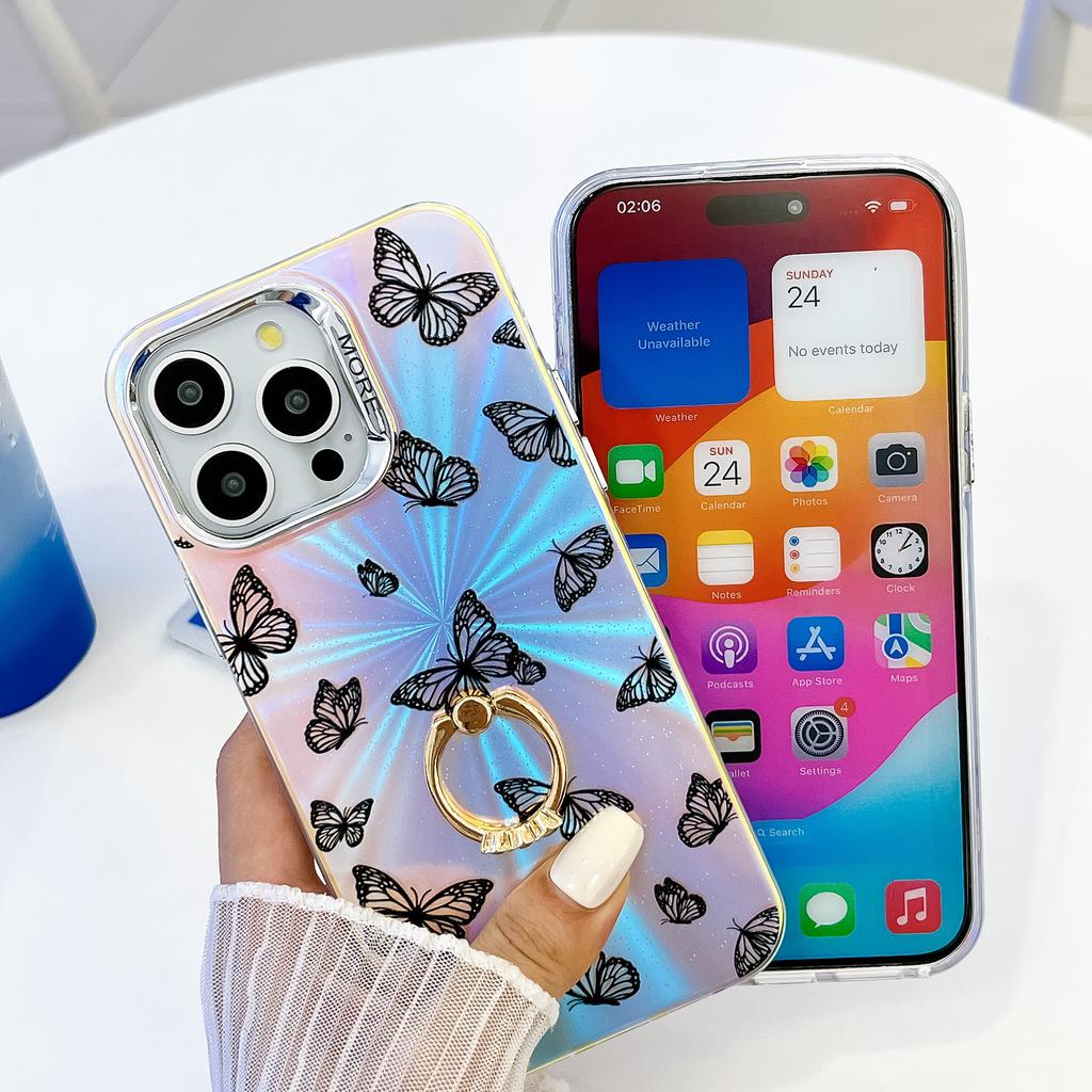 Чехол для iPhone 15 Pro с лазерной текстурой, гальваническим покрытием, узором в виде бабочки, кольцом-подставкой, чехлом для телефона