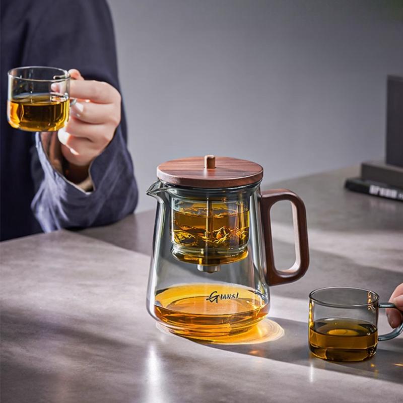 Home Tea Pot with Lift Filter Walnut Anti-Scalding Handle Tea Kettle Thickened High Borosilicate Pyrex Kung Fu Teapot