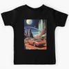 Red Color Retro Futuristic Sports Car and an Extraterrestrial Desert Landscape At Night with Starry Sky Kids T-Shirt
