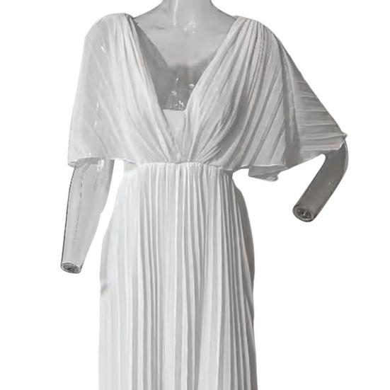 Women Evening Dress Dolman Sleeves Pleated V Neck Pure Color High Slim Waist Full Length