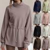 Women's Turtleneck Drawstring Long Sleeves Pleated Tunic Elastic Fashion Tops Casual Sports Workout Wear