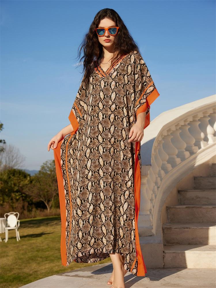 EDOLYNSA Кафтан с оранжевым змеиным принтом размера плюс, летнее длинное пляжное платье, женская домашняя одежда, купальный костюм, свободный кафтан
