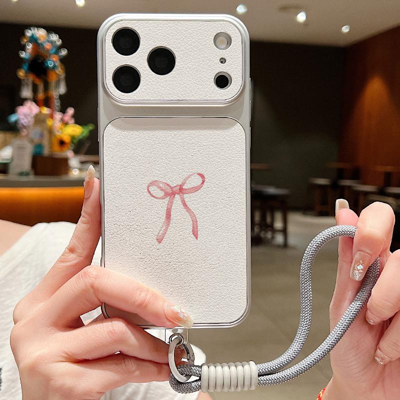 Кожаный чехол-шнурок с принтом розовых бантиков для iPhone 18 Pro Max Гибридный ТПУ+ПУ Противоскользящая мягкая крышка для iPhone 17 16 15 14 13 Pro Max