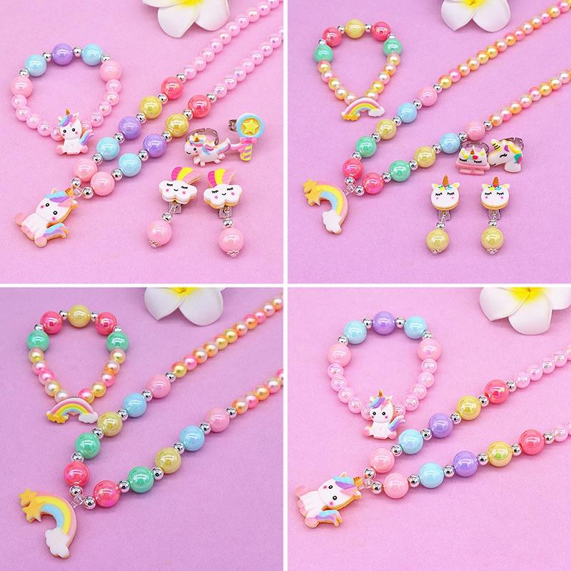 2/6pcs/set Children Necklace Bracelet Set Cute Unicorn Rainbow Necklace Bracelet For Little Girls Zircon Set Wholesale