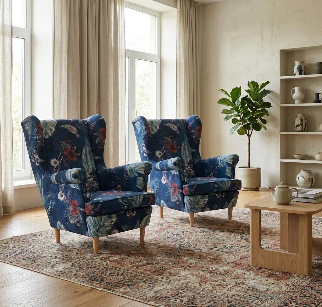 Skandinavisches Ohrensessel-Set Ari Print, Florale Muster, Velours, Wellenfedern, Family Meble