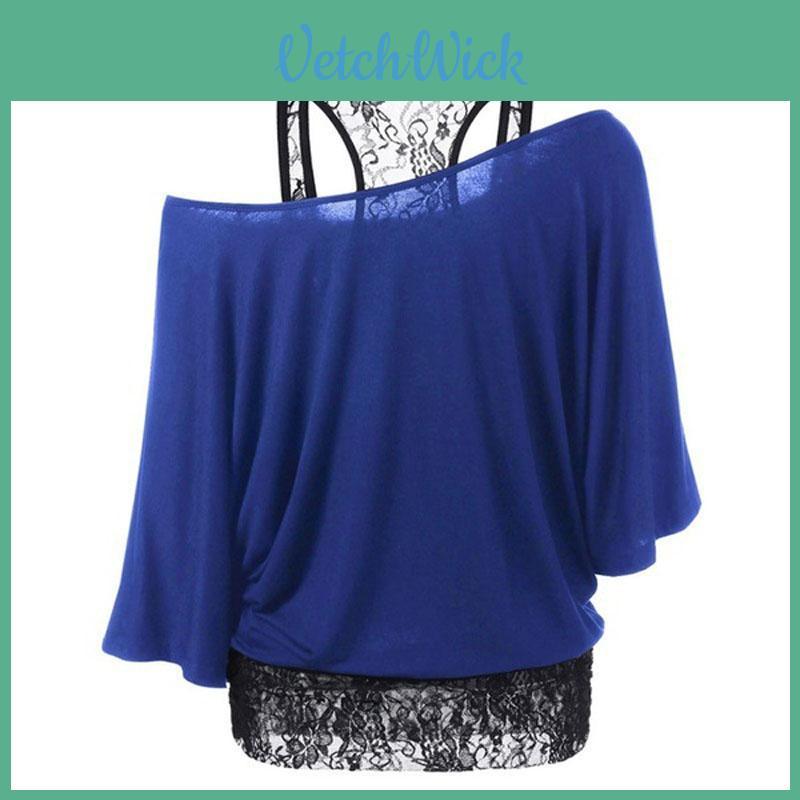 Size Plus Women Loose Vest Lace Stitching Oblique Collar Bat Tshirt Fashion