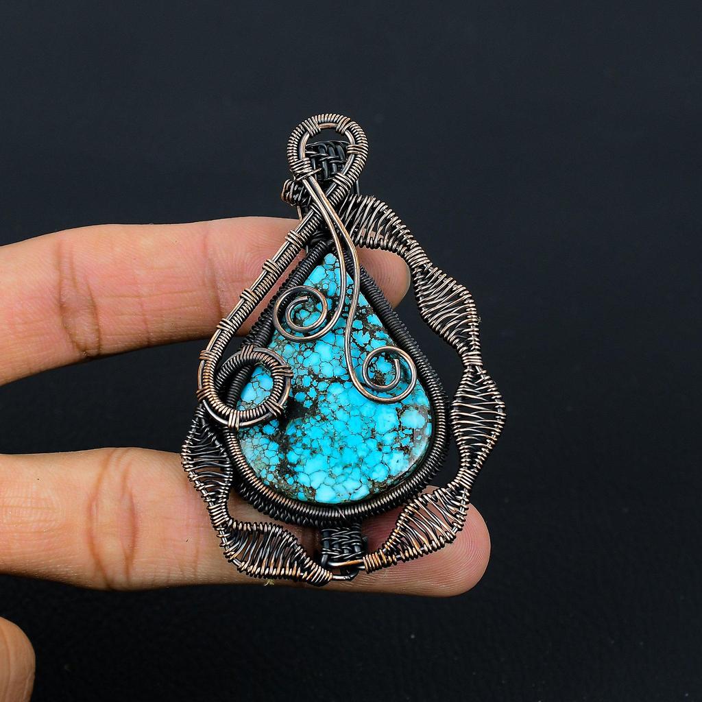 Tibetan Turquoise Gemstone Copper Wire Wrap Handmade Pendant Jewelry Gift For Her