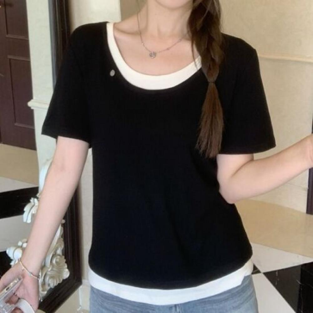 Navava Women Layered PoinT ConTrasTing Round Neck ShorT Sleeve T shirT nT3291