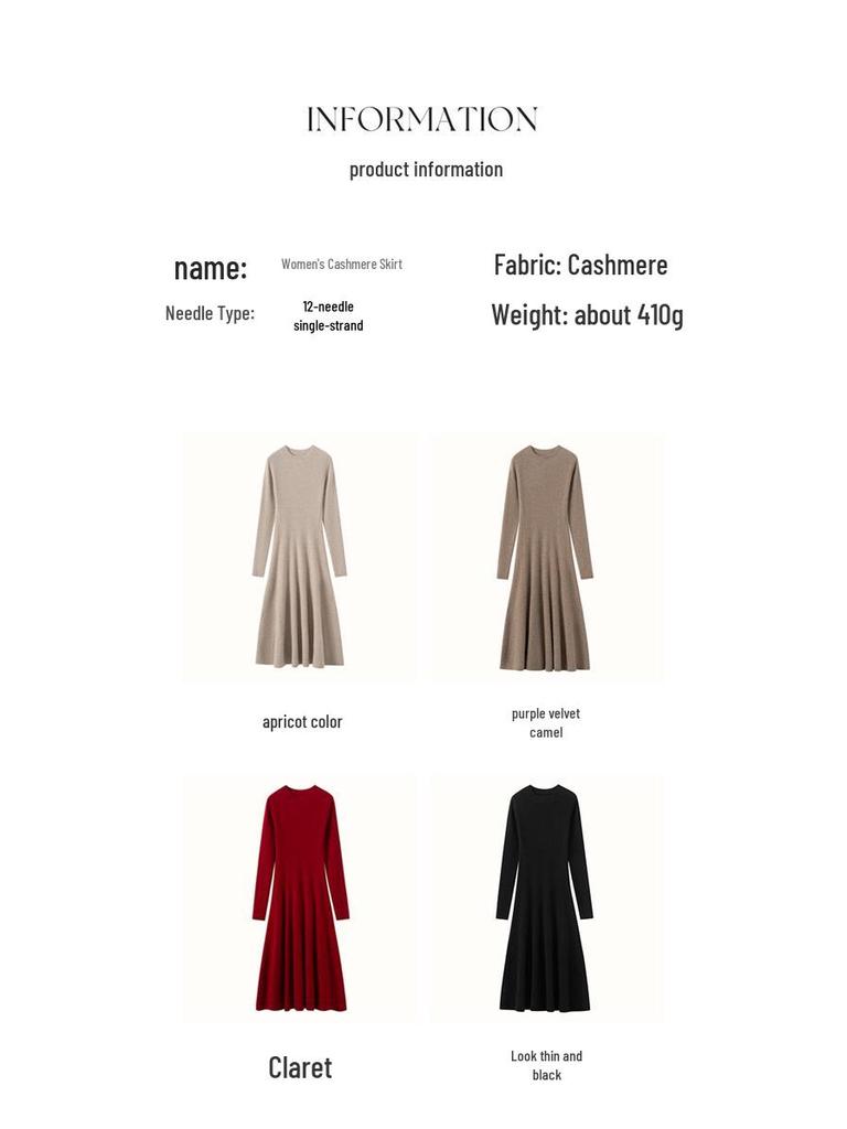 Women's Cashmere Ribbed Midi Dress - Autumn/Winter Solid Color, Slimming Over-Knee Wool Sweater.