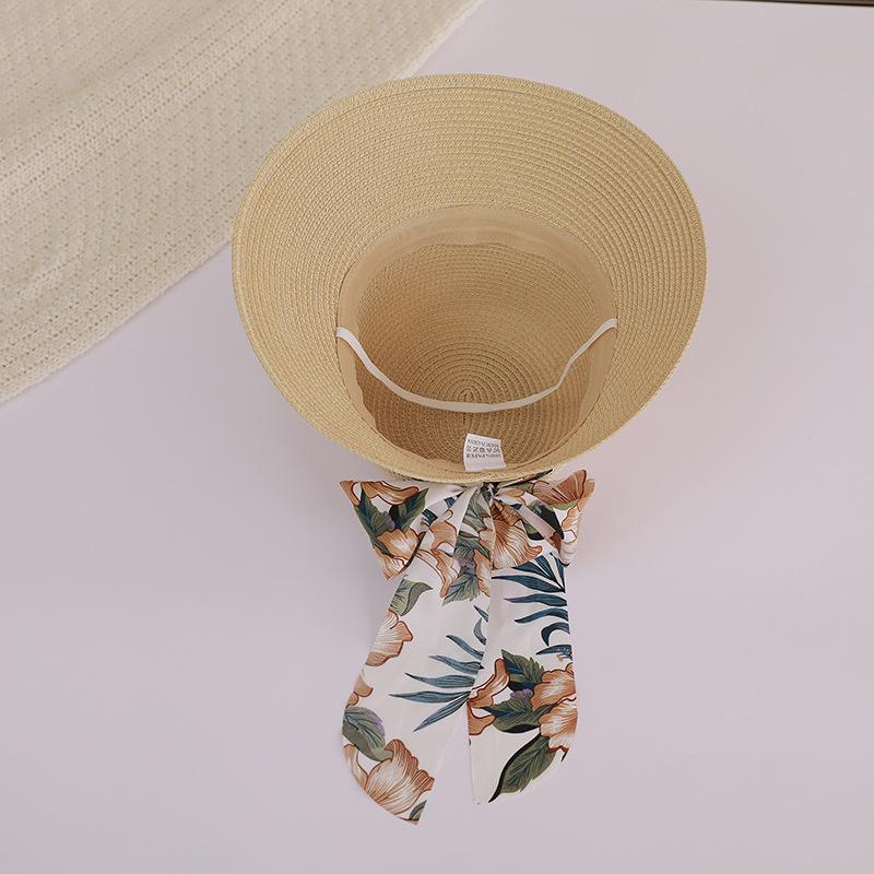 Flower Ribbon Bowknot Straw Hat Elegant Solid Color Sun Hat Trendy French Style Foldable Travel Beach Hats for Women Daily Use Summer Outdoor
