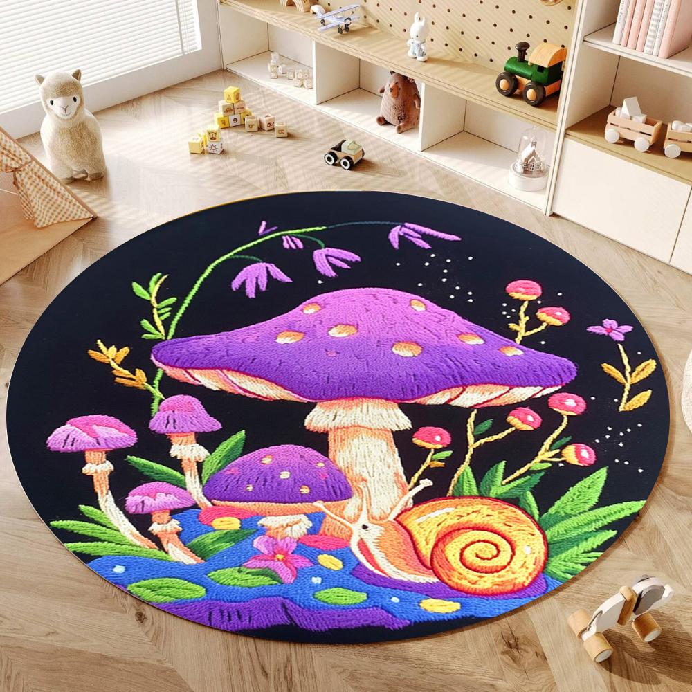 Whimsical Mushroom Themed Round Rug Soft Non Slip Floor Mat for Fantasy Kids Room Nursery Living Room Bedroom Playroom Carpet