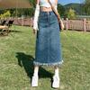 Vintage Denim Skirt Long Women Korean Fashion High Waist A-line Slim Distressed Raw Edge Jean Skirt Streetwear Summer