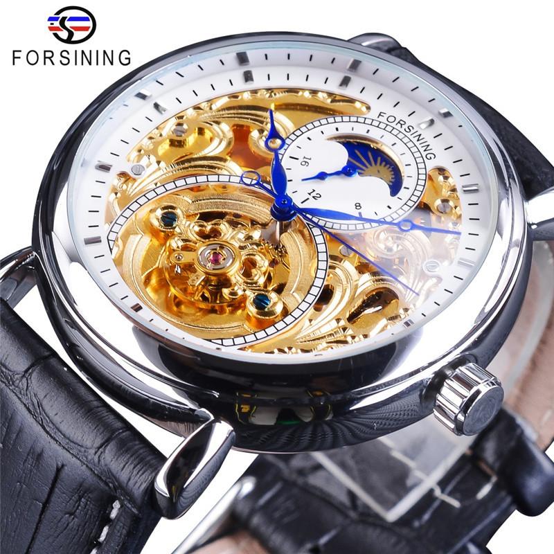 Forsining Men's Fashion Casual Hollow Moon Phase Carved Hollow Automatic Mechanical Watch