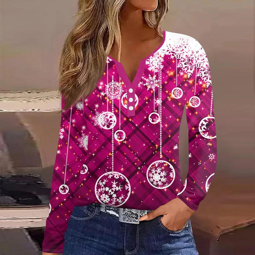 Женская футболка с прямыми плечами и рождественским принтом, длинными рукавами, прямыми плечами и V-образным вырезом на пуговицах