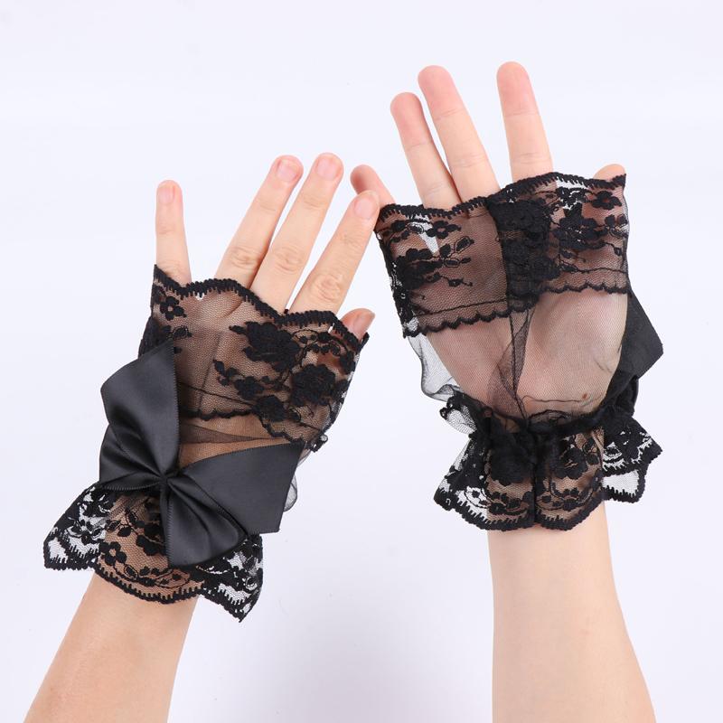 Lolita Black Hand Sleeves Short Lace Mesh Decoration Fake Cuffs Elastic Bracelet Wedding Party Dress Accessories
