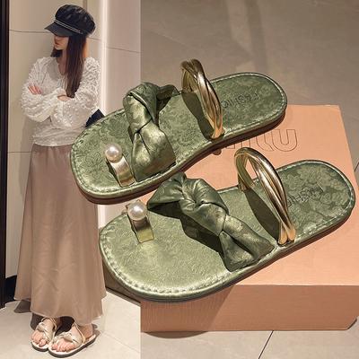 2024 Летняя мода с бантом на плоской подошве, сандалии, тапочки, женские шлепанцы на плоской подошве, женские милые пляжные тапочки с вышивкой, обувь больших размеров