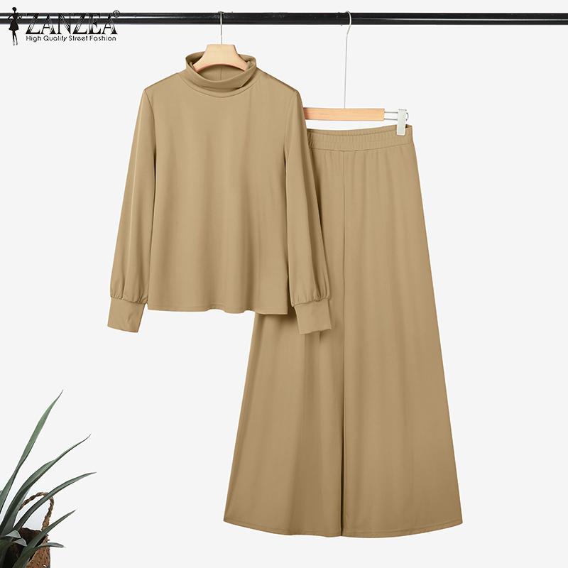 ZANZEA Women Long Sleeve Turtleneck Blouse and Pants Casual Two Piece Suit Sets