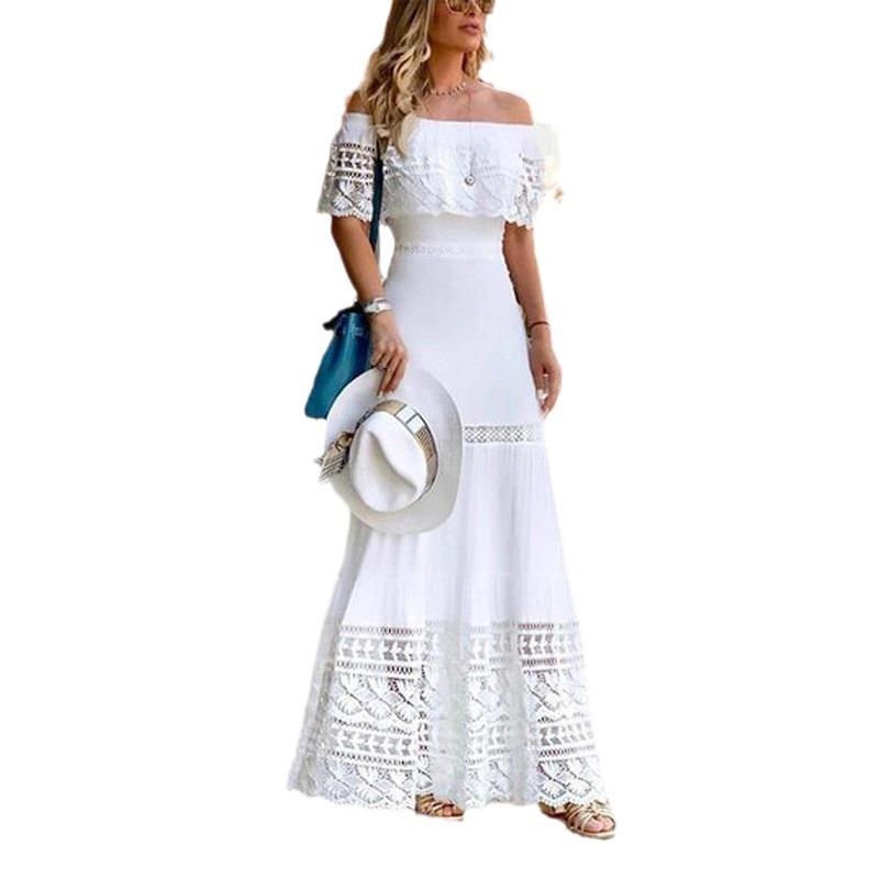 New European and American independent station fashion one-word neck splicing lace dress wholesale