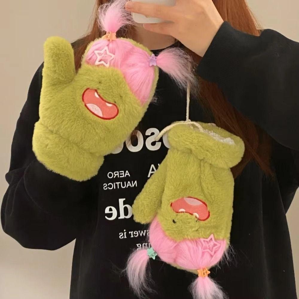 DIY Ponytail Cartoon Plush Gloves Keep Warm Neck Hanging Mittens Cute Fluffy Gloves Winter