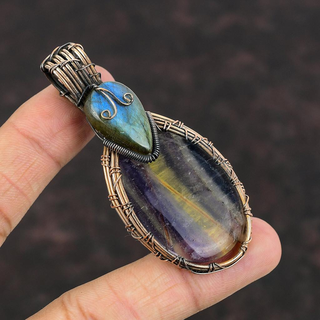 Multi Fluorite Pendant Copper Wire Wrapped Pendant Labradorite Gemstone Pendant Copper Wire Wrap Jewelry Handmade Pendant Gift For Her & Mom