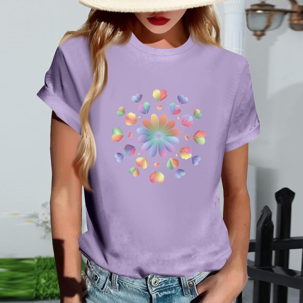 Women's Fashionable Round Neck Casual Retro Print Short Sleeved T-shirt Top