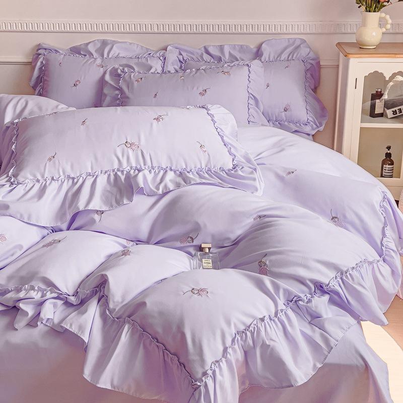 Комплект из четырех предметов в стиле принцессы с кружевом из чистого хлопка, корейская версия, кружевная вышивка, однотонный, стиранный хлопок, пододеяльник, постельное белье