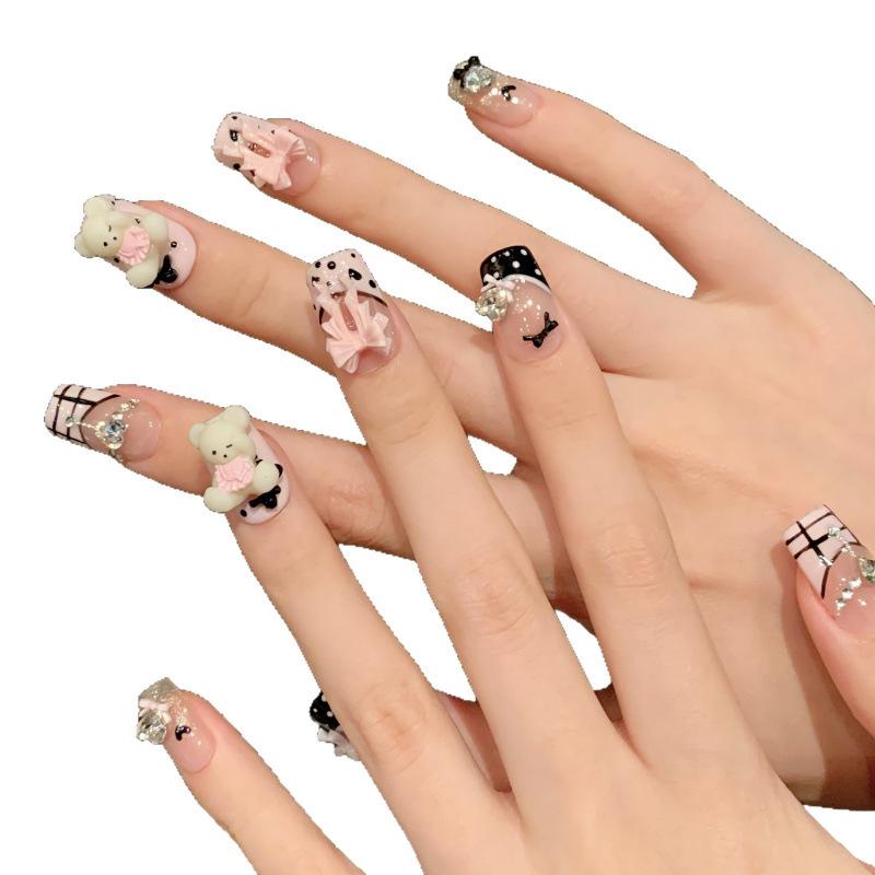 Snow Powder Bear Blush: Cute Cartoon Whitening Nail Patches - Handmade and Wearable.