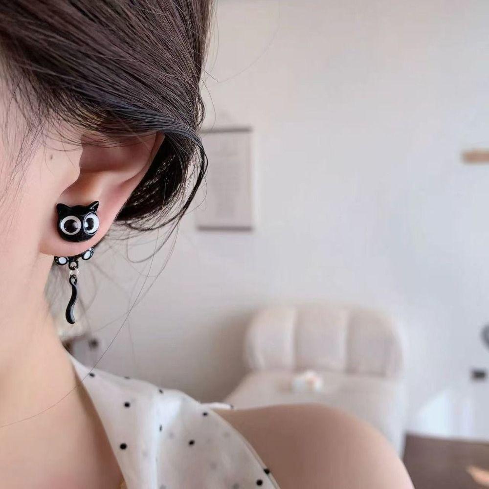 Sweet Black Cat Drop Earrings Alloy Light Luxury Earrings Black Kitten Earrings For Girl Women