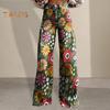 Women Jeans Button Zipper Fly Straight Leg Denim Pants with Pockets Digital Flower Print Long Trousers Streetwear