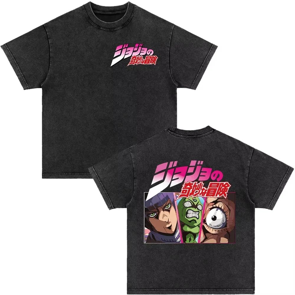 Japanese Anime Jojo Bizarre Adventure Vintage Washed T-Shirt Killer Queen Graphic T Shirts Men Women Cosplay Oversized T-shirt