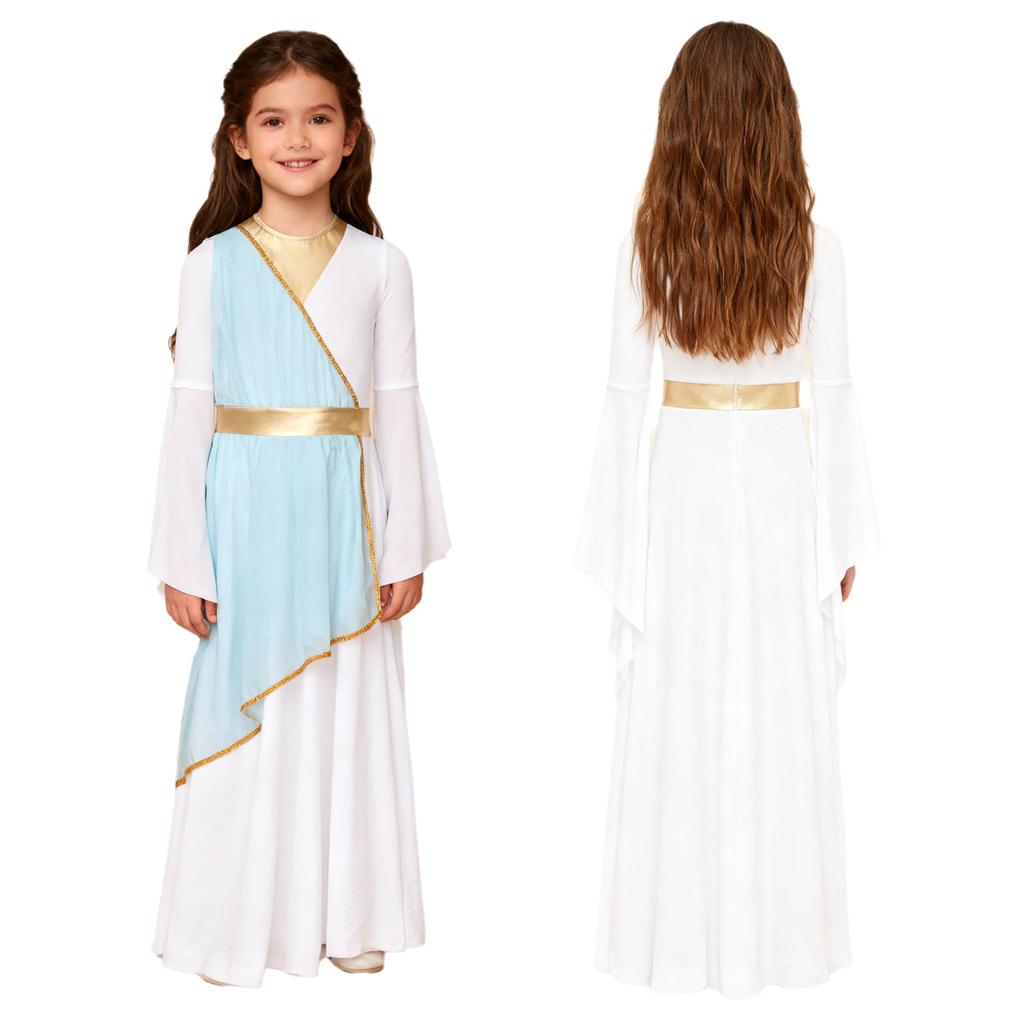 Halloween & Party Dress for Girls: Ancient Greek Princess Costume with Long Sleeves, Contrast Colors for Performance & Play
