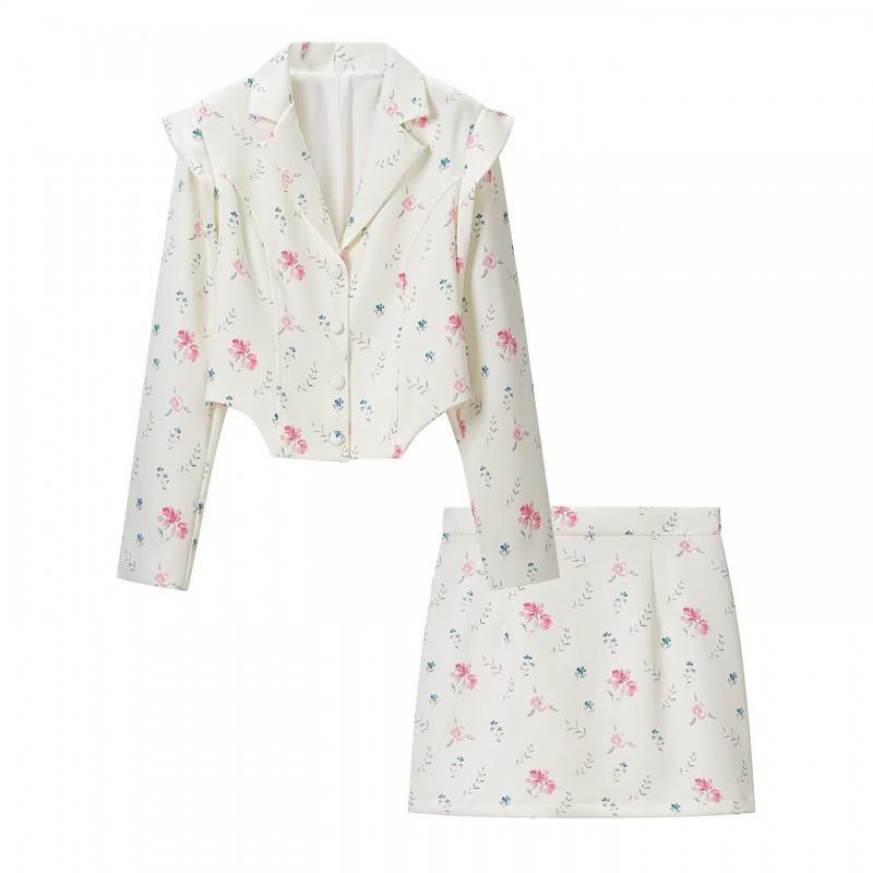 Womens Vintage Floral Print Blazer Skirt Set Lightweight Casual Suit Outfit